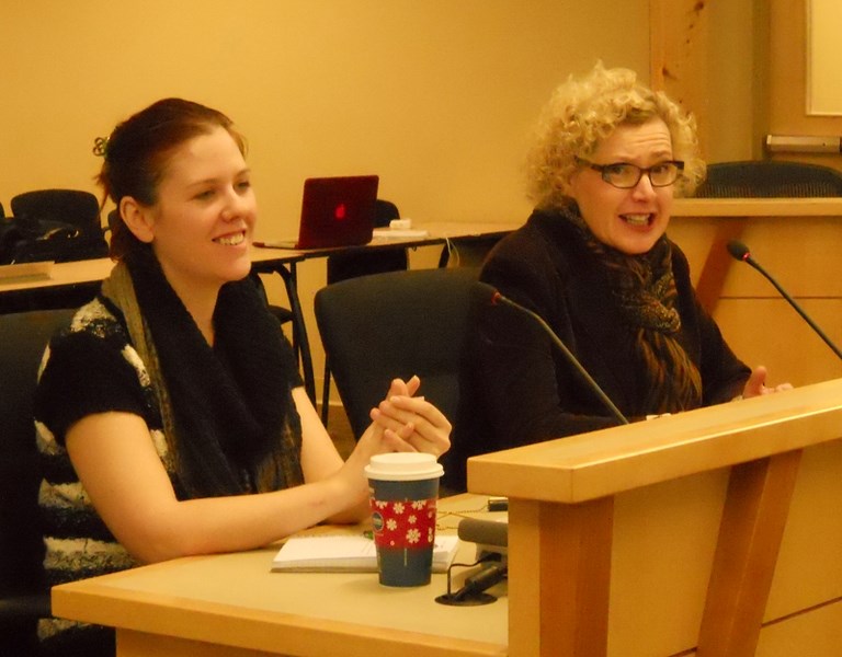 Alternative Land Use Services (ALUS) representatives Christine Campbell, left, and Lorraine Becker meet with the Mountain View County agricultural service board on Dec. 11.