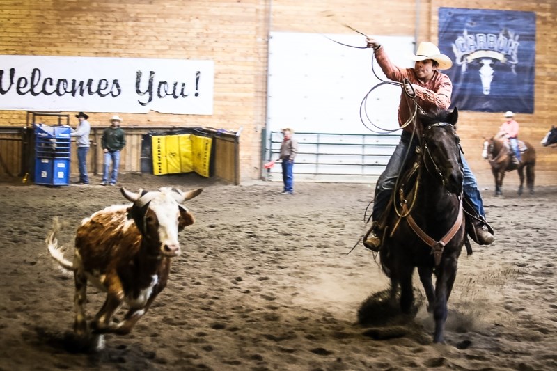 Denton Argent gets ready to rope a steer in the 12-14 breakaway roping event, which he won.