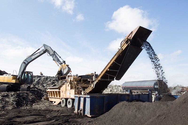 A shredder chews up old shingles at the Didsbury regional landfill.