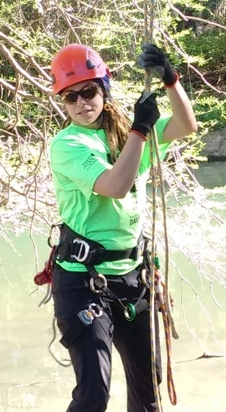 Kali Alcorn of Olds participates in the aerial rescue segment of the International Tree Climbing Championships, held April 1-3 in San Antonio, Texas.