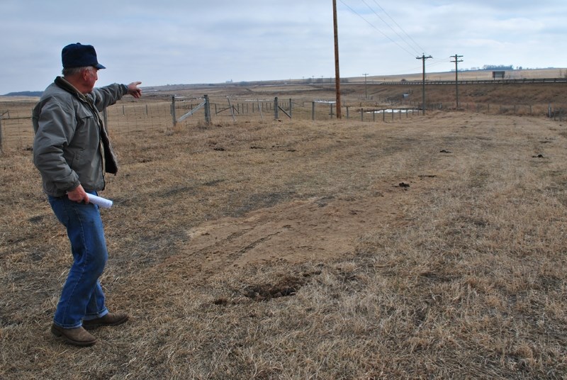 Bill Adams points to the creek his cows drink from on his property.