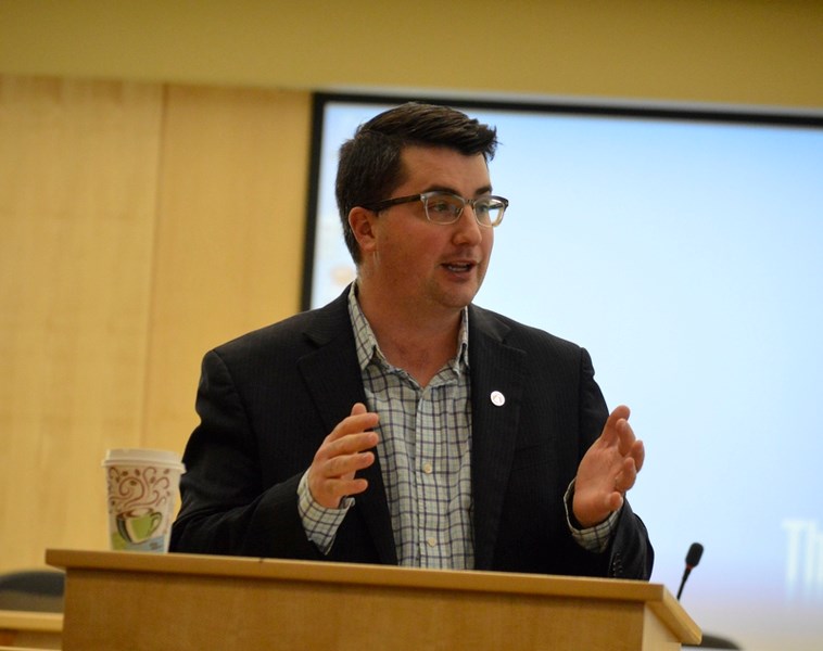 Nathan Cooper speaks at the Central Mountainview Advisory Group&#8217;s spring information night on April 28 at the Mountain View County office. The major discussion was on