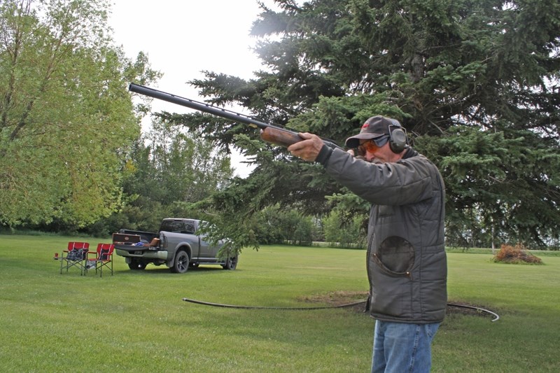 Carstairs&#8217; Bob Rowntree checks his aim during the 23rd annual Bob Brown Memorial Trap Shooting Tournament at the Lone Pine Clay Target Club on July 31. The 82-year-old