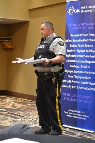 Olds RCMP Const. Rob Power discusses techniques to deter crime during an Olds &#038; District Chamber of Commerce meeting Sept. 13 at the Pomeroy Inn &#038; Suites.