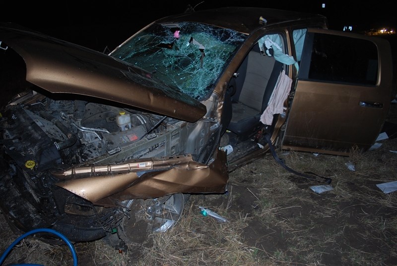 The tangled remains of a Dodge Ram involved in a double-fatality crash north of Sundre in 2015.