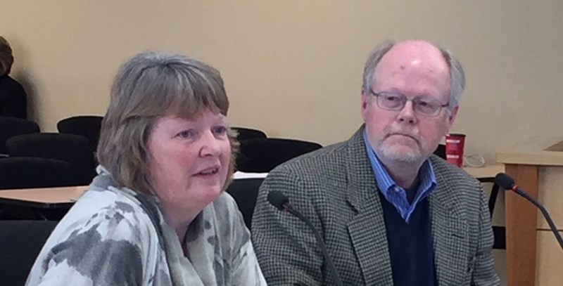 Charlene Schramm and Harold Johnsrude, both with Olds and District Hospice Society, speak with the county&#8217;s policies and priorities committee.