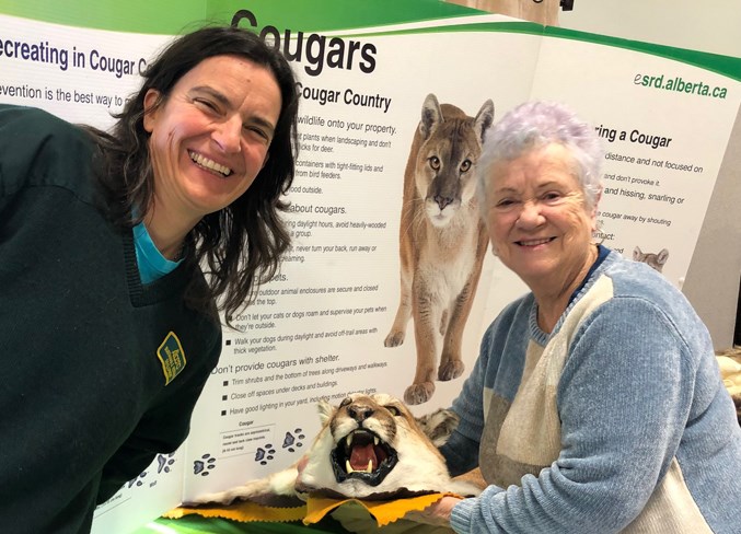 Wildlife biologist Chiara Feder, left, and Mountain View BearSmart member Kathy Blain pose with a cougar mount during Family Fun Day at Elkton Valley Campground.