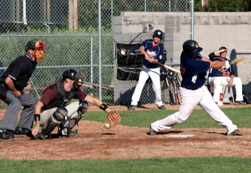 Innisfail Indians&#8217; Steve Bouteiller swings for the fences during the Parkland Baseball League&#8217;s semi-final playoff game last Sunday (Aug. 7) at Red Deer&#8217;s