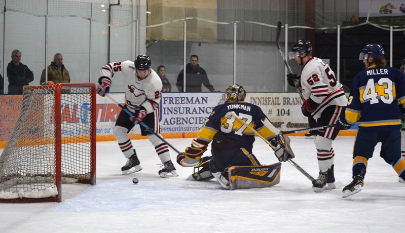 Innisfail Eagles forward Zane Jones had a wide open net before he scored the Birds&#8217; fourth goal of the night on the power play Sunday, Feb. 12. The Innisfail Eagles won 