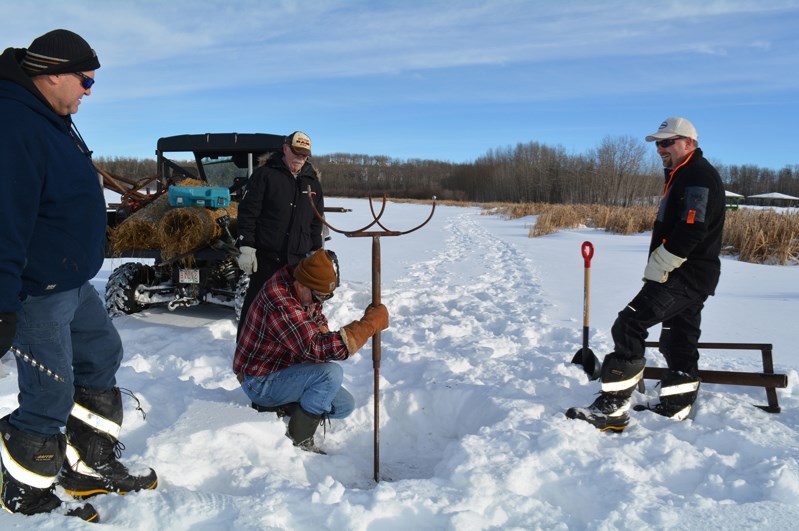 Ian Stuart, a member of the Innisfail Fish and Game Association, plants a metal pole and cradle for a waterfowl nesting tunnel, known as a Delta Waterfowl Hen House, at