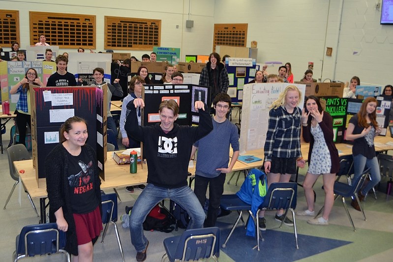 Grade 9 students at Innisfail High School ham it up for a group photo during their annual Science Fair on March 1.