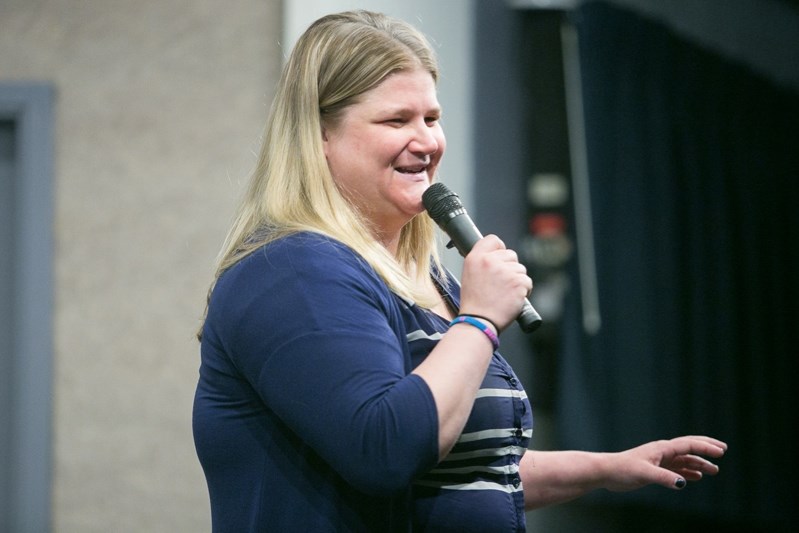 Calgary comedian Brittany Lyseng performs a standup routine at The Boob Tour show in Innisfail on March 28.