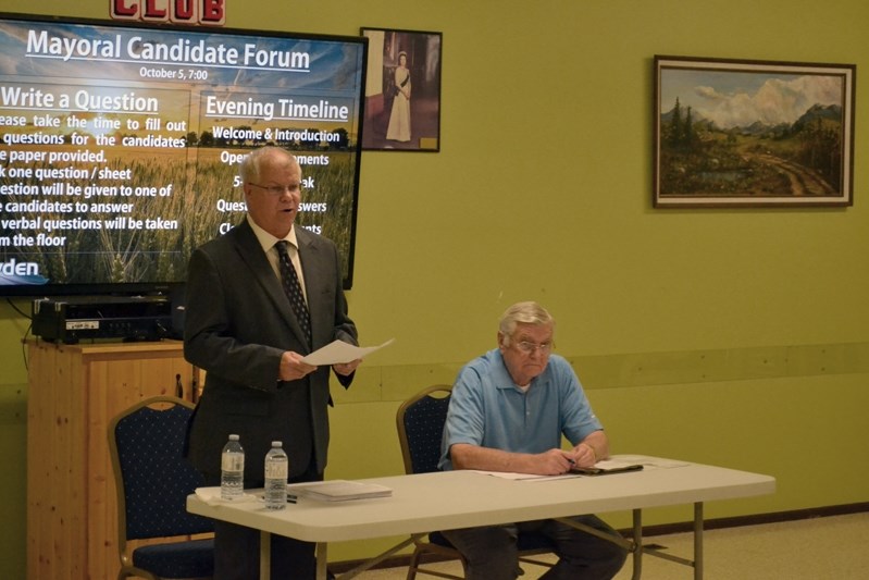 Incumbent Bowden mayor Robb Stuart gives his position on issues in the town while mayoral candidate Earl Wilson looks on during the Oct. 5 Mayoral Candidate Forum at the