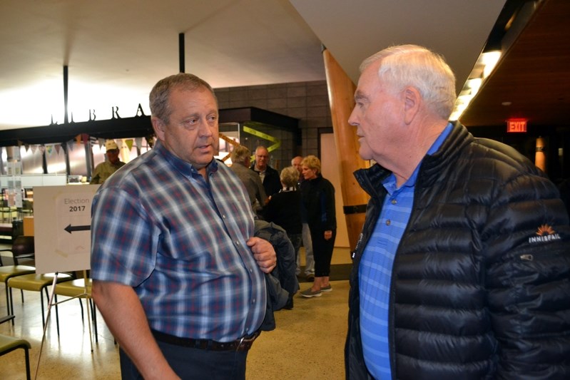 A dejected Brian Spiller briefly chats with incumbent councillor Gavin Bates, who was re-elected, following the release of election votes