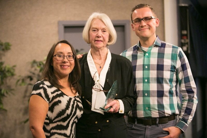 From left Baiers Stationery representatives Crystal Schafer and Joan White receive the Business of the Year Award from Dr. Jacob Day, a director on the Innisfail &#038;