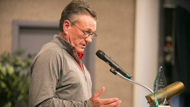 Bernie Vanderham gives an address after receiving the Citizen of the Year Award.