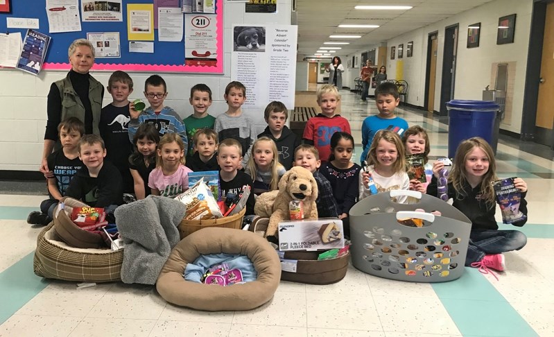 Heather Sinclair and her Grade 2 class at Bowden Grandview School display some of the donations collected for the ARTS Senior Animal Rescue program. Items are being collected 