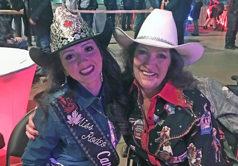 Innisfail&#8217;s Shelly Bjarnason, right, with the reigning Miss Rodeo Canada Brittney Chomistek, was honoured for her contributions to rodeo in a ceremony in Las Vegas