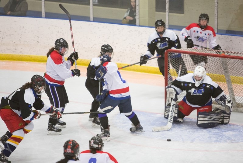 The two teams battle at the South Team&#8217;s net during the all-star game on Jan. 6.