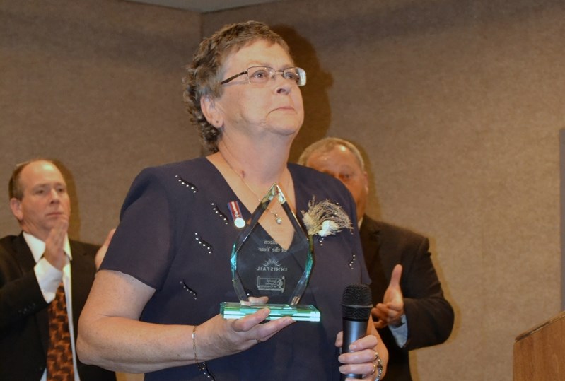 The late Sylvia Mathon receiving Innisfail&#8217;s Citizen of the Year Award in 2015. Her long record of service to youth has earned an induction into the 4-H Alberta Hall of 