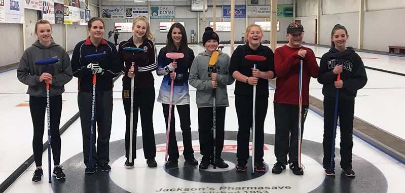 Several curlers from Innisfail recently participated in the first junior bonspiel at the Innisfail Curling Club Jan. 27 and 28. From left are Rylyn Malone, Danielle Greeley,