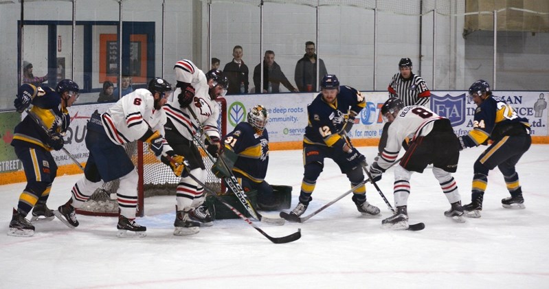 The Innisfail Eagles lost Game 5 of the semifinals in the AAA provincial playoffs on Saturday night in a close 2-0 battle in Stony Plain.