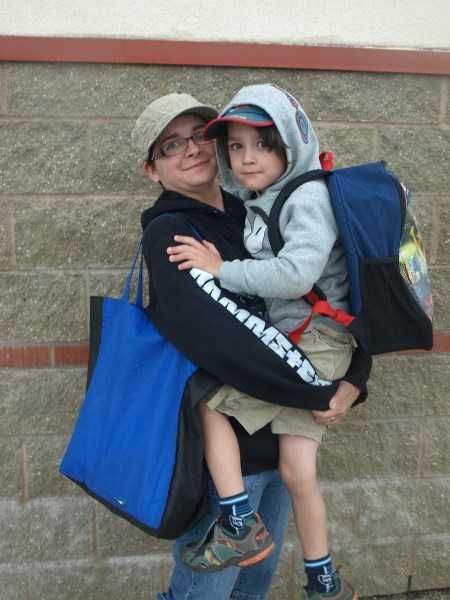 Michelle Annett with her five-year-old son Valentino prepare for the first day of school last week.