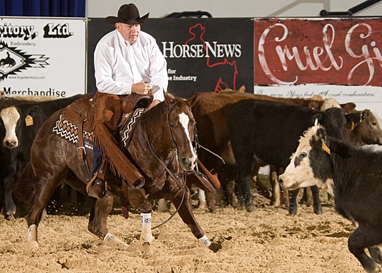 Gordon Gowdy, Innisfail area rancher, competes in the Mercuria World Final Cutting Horse Championships in December at Fort Worth, Texas.