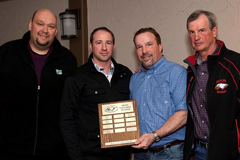 Joe Vandermeer was named the Innisfail Eagles MVP last Saturday (April 5) at the team&#8217;s wrap-up party at the Super 8 Hotel. From left to right, Dez Lorencz, director of 