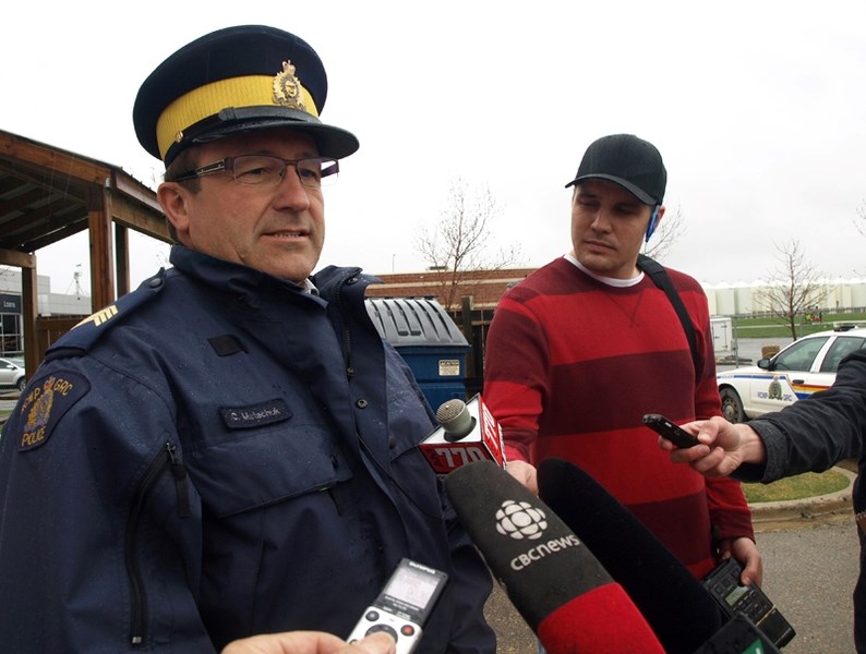 Innisfail RCMP Staff Sgt. Chris Matechuk talks to the media about the police probe into the murder of Innisfailian Oleg Alex Cusnir. RCMP is asking for the public&#8217;s