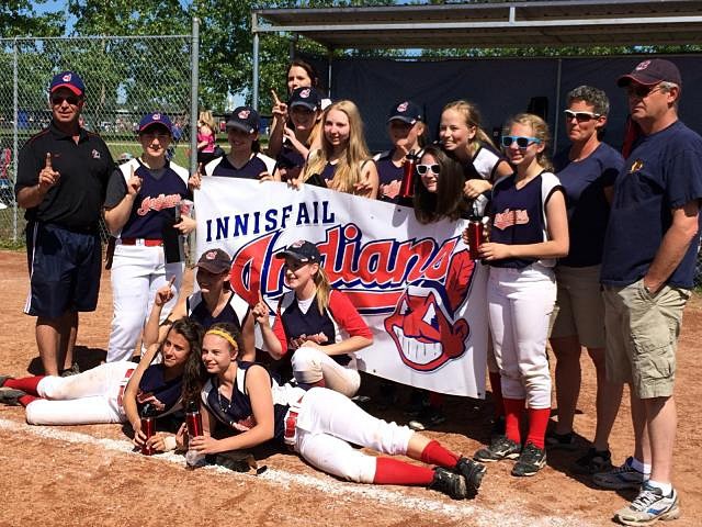 The innisfail Indians girls bantam team celebrates its tournament win. The local squad defeated Delburne 6 &#8211; 3.