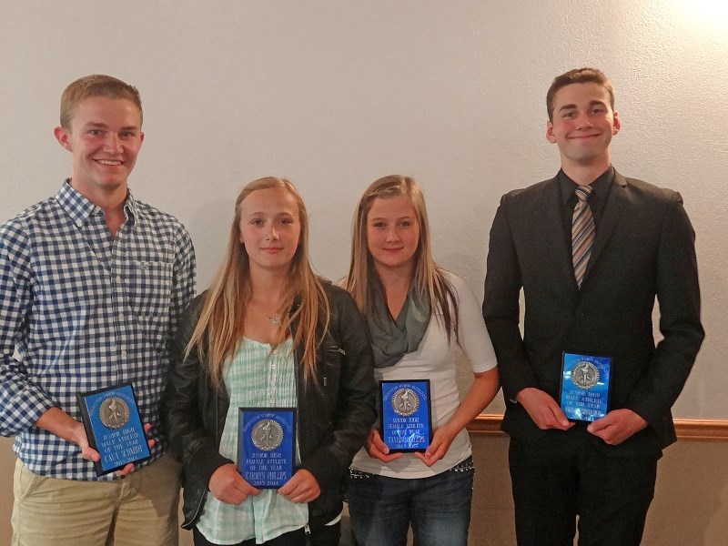 Spruce View Athletes of the year from left to right: Cauy Schmidt (Jr. high male), Kamryn Phillips (Jr. high female), Taylor Phillips (Sr. high female), Jordan Sinnamon (Sr.