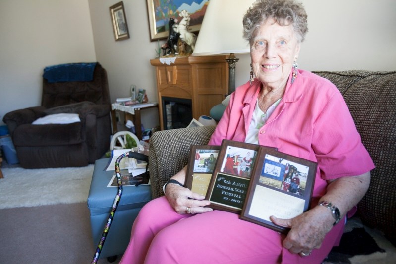 Esther Williams with some of her awards from the Innisfail Scarecrow Festival at her home in Innisfail.