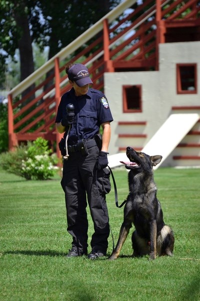 Dog and handler share a glance with each other before showing off their skills on command.