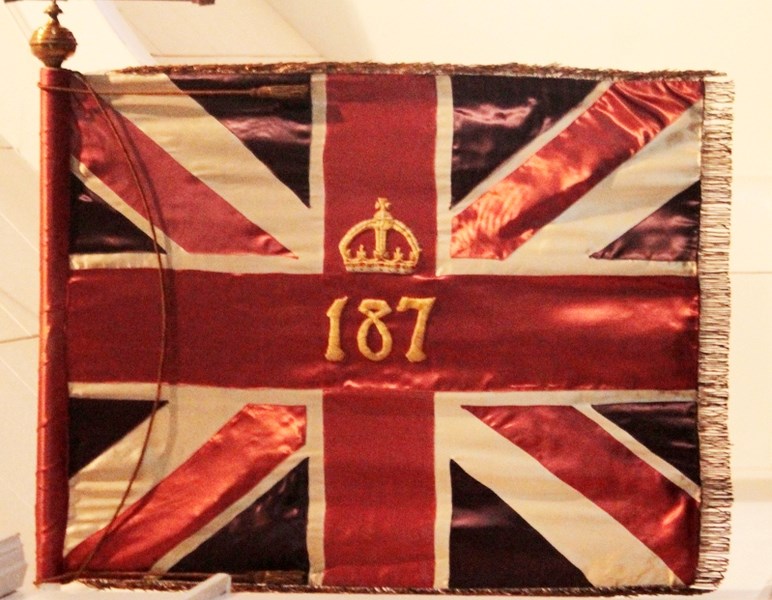 The regimental colours of the 187th Battalion were purchased by the people of Innisfail and presented on June 16, 1916 at the Innisfail Fair Grounds.