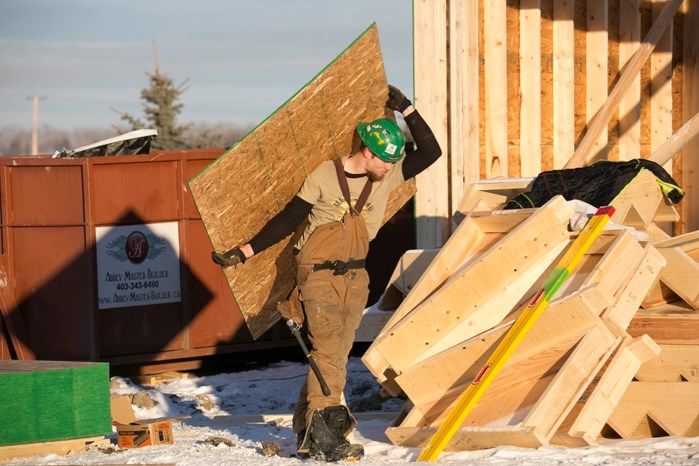 A construction crew works last week on a new house across from the Penhold Regional Multiplex on Jan. 19. Housing starts were down 14.3 per cent in Penhold last year compared 