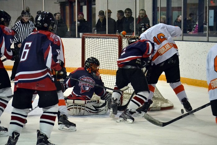 The Innisfail Bantam A Four Lane Flyers going for a goal during a recent home game at the Arena. The team is now in provincial playdown action.