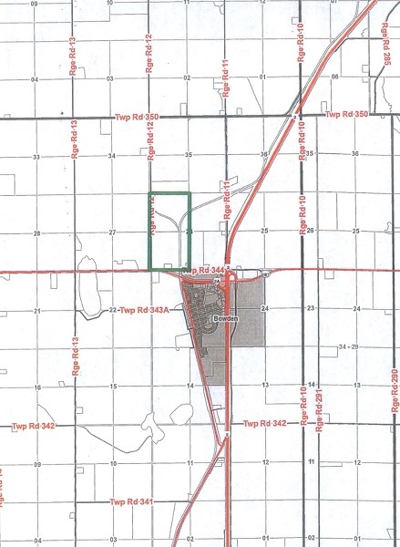 The quarter section of land immediately northwest of Bowden is the site for the planned Paterson grain terminal.