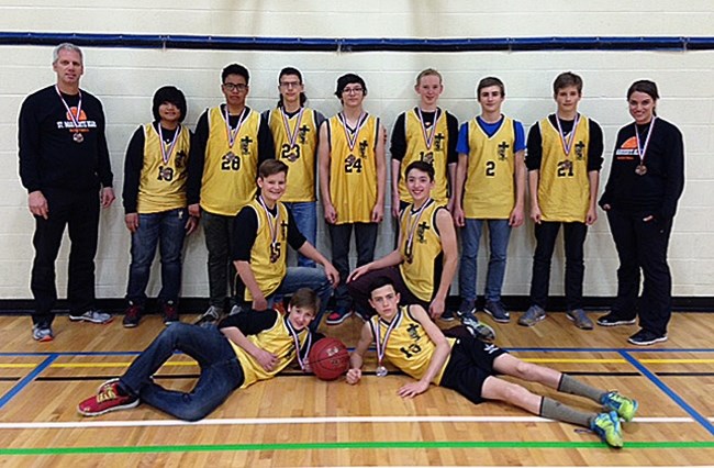 The senior boys basketball team at St. Marguerite Bourgeoys Catholic School won a bronze medal at their zone championship tournament on March 11 and 12 in Red Deer.