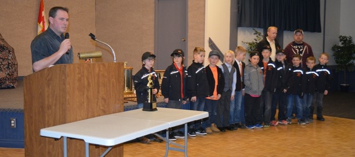 Ryan Dodd, coach of the Novice Co-op team, speaks about his team&#8217;s season during the Innisfail Minor Hockey Association annual awards night on March 23.