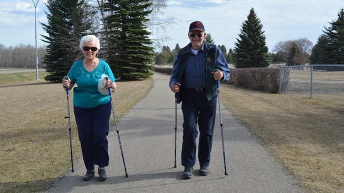 Sheila and Herman Thorsen were two of many Innisfail residents out enjoying the summer-like temperatures on April 2. For the first time this spring, the high for that day