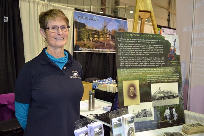 Jane Duncalfe, events coordinator for the Innisfail and District Historical Village, promoting the village at this year&#8217;s annual Innisfail Trade Show. The historical