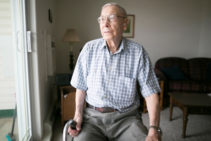 Henry Howard at his home in Innisfail. Howard stormed the beaches of Normandy in a tank during the Second World War, and with his 100th birthday celebrated last weekend, he