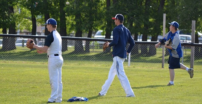 Members of the Innisfail Merchants at a practice last week. They are currently sitting in second place in the Junior AAA League with a 5-1 record so far this season.