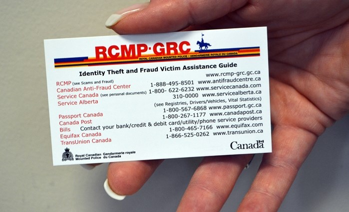 The wallet-sized assistance card launched by the RCMP to help citizens identify scams and frauds. They are available at the Innisfail RCMP detachment.