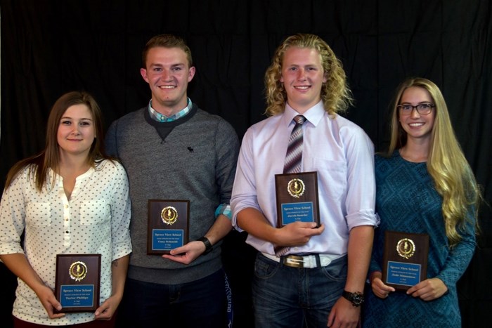 Spruce View School recently held its annual athletic awards ceremony. The athletes of the year are from left to right: Taylor Phillips (Sr. Girls), Cauy Schmidt (Sr. Boys),