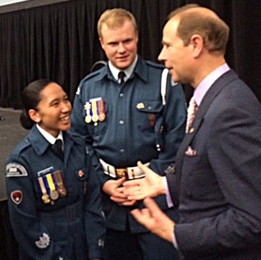 Prince Edward chatting with two air cadets. From the left is Warrant Officer Second Class Shaira Labayan and in centre is Warrant Officer First Class Jarrod Crashley.