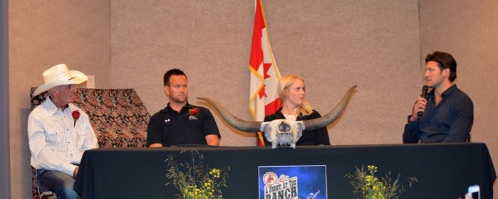 Former NHL player Jay Rosehill, far right, speaks during the Hot Stove segment with Ron MacLean at the annual Sportsmen&#8217;s Dinner on July 14. MacLean, left, Kyle Rehman