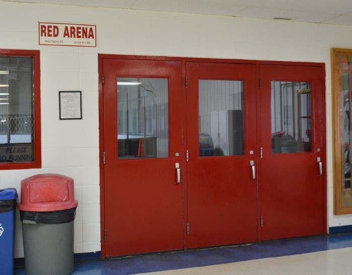 The entrance to the closed red ice surface, as seen from the lobby at Innisfail Arena.