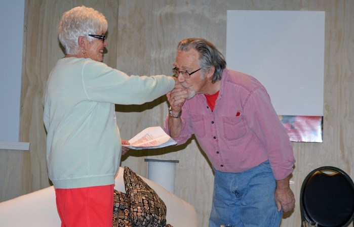 Dona Edgar as Sophie Greengrass, left, and Eugene Hanson as Maurice Koenig, rehearse a scene from Social Security. Innisfail Town Theatre&#8217;s fall production runs from